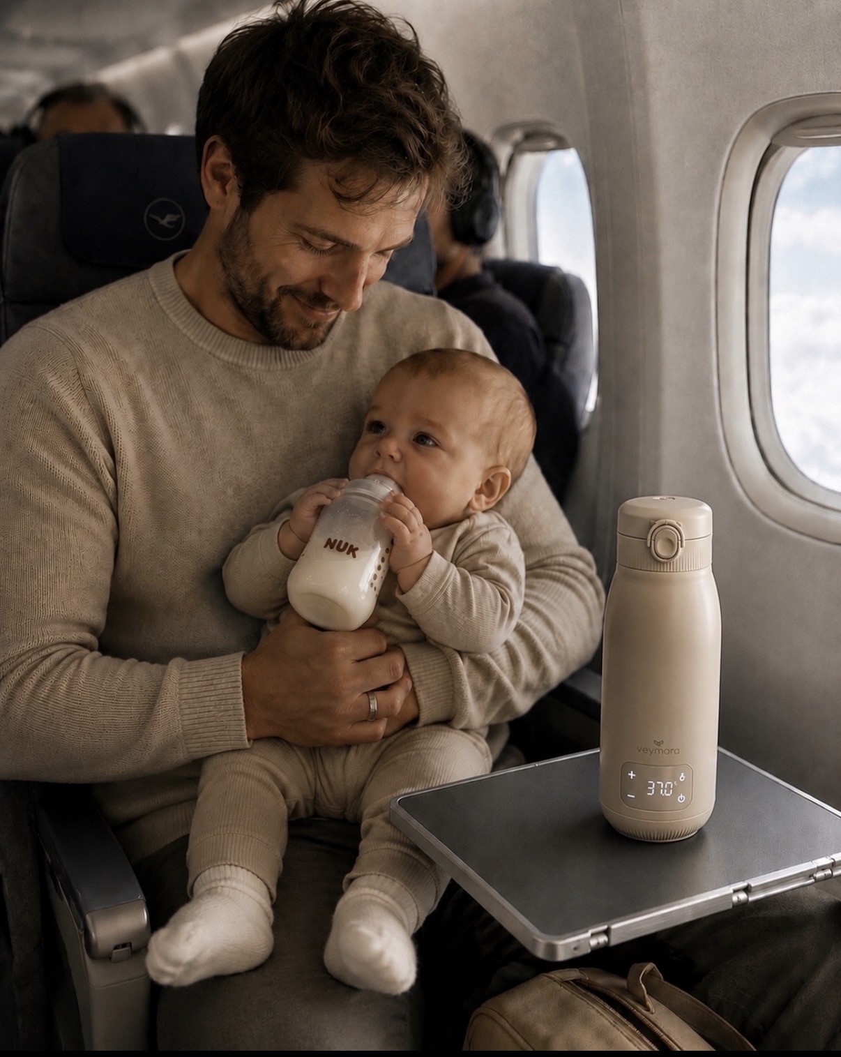 Vater füttert Baby an Bord einer Lufthansa-Maschine – Veymora Flaschenwärmer auf dem Klapptisch, immer bereit