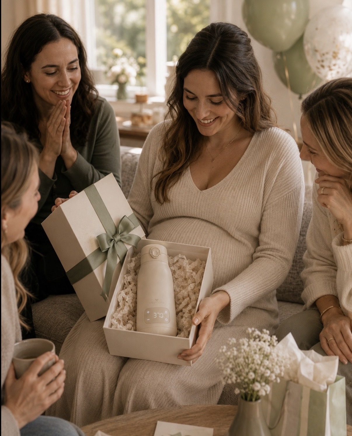 Werdende Mutter beim Babyshower – der Veymora Flaschenwärmer als durchdachtes Geschenk zur Geburt