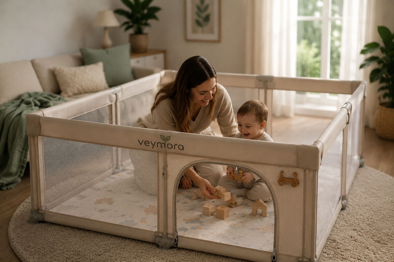 Mutter und Baby mit Veymora Laufstall