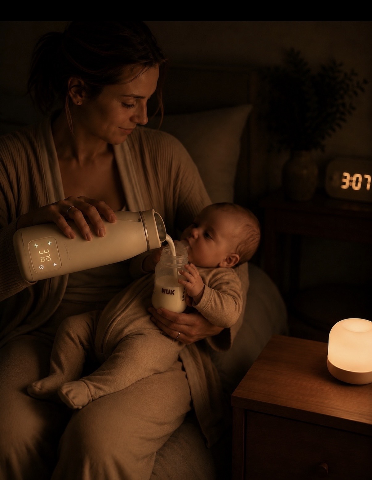 Mutter füttert Baby um 3:07 Uhr nachts – die Milch aus dem Veymora hat genau die richtige Temperatur